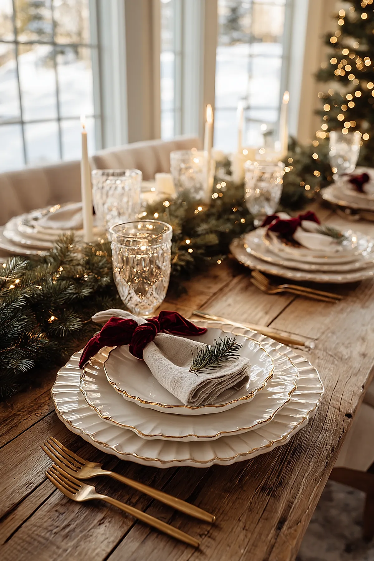 christmas dinner table settings featuring stacked white plates with gold trim on a rustic wooden table, beige linen napkins tied with deep red velvet bows, sprigs of evergreen tucked into each napkin, clear ornate wine glasses, tall white taper candles in brass holders, and a garland of greenery with fairy lights running down the center.