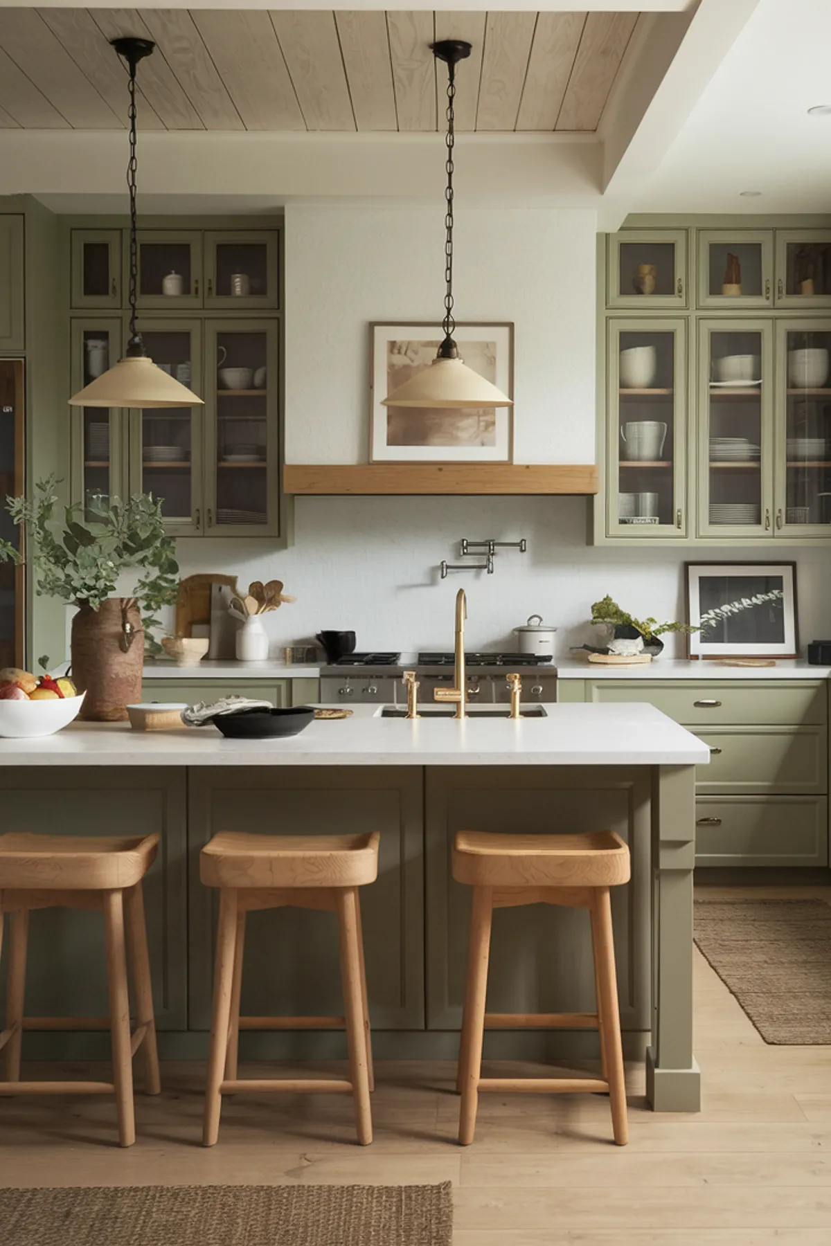 Kitchen with green cabinetry, white countertops, wooden stools, and beige pendant lights.