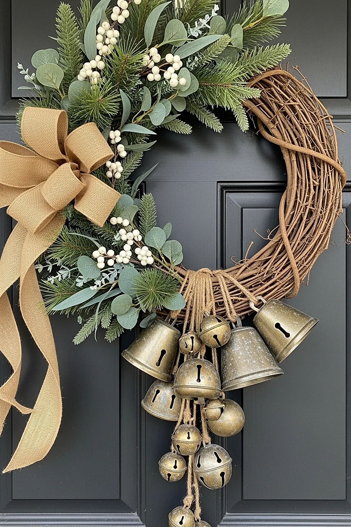 Christmas wreath featuring pine branches, eucalyptus leaves, white berries, large burlap bow, and multiple rustic metal jingle bells hanging from twine on a dark gray door.