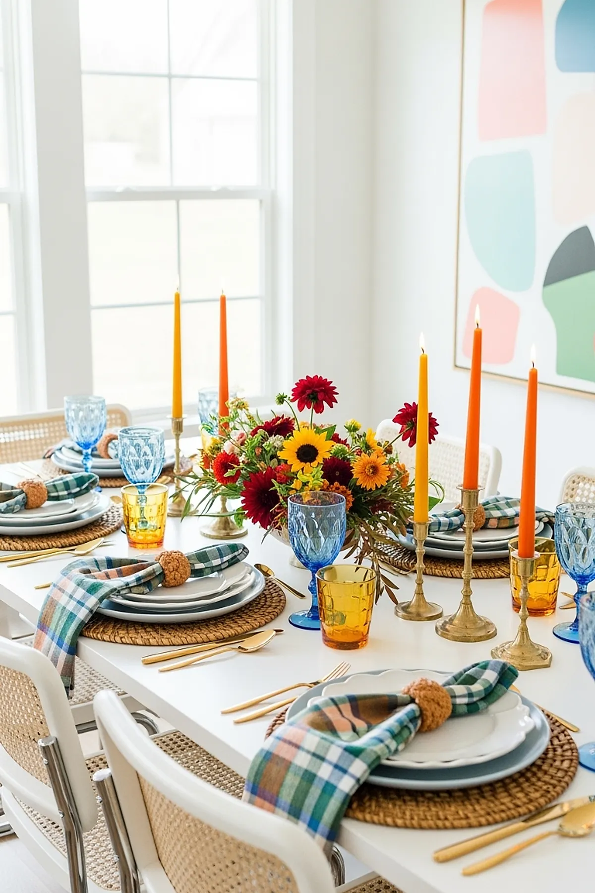 Thanksgiving table set with woven placemats, white plates layered on pale blue chargers, green and brown plaid napkins held by wooden rings, bright floral centerpiece featuring sunflowers and red flowers, blue goblets, amber drinking glasses, and orange tapered candles in brass holders