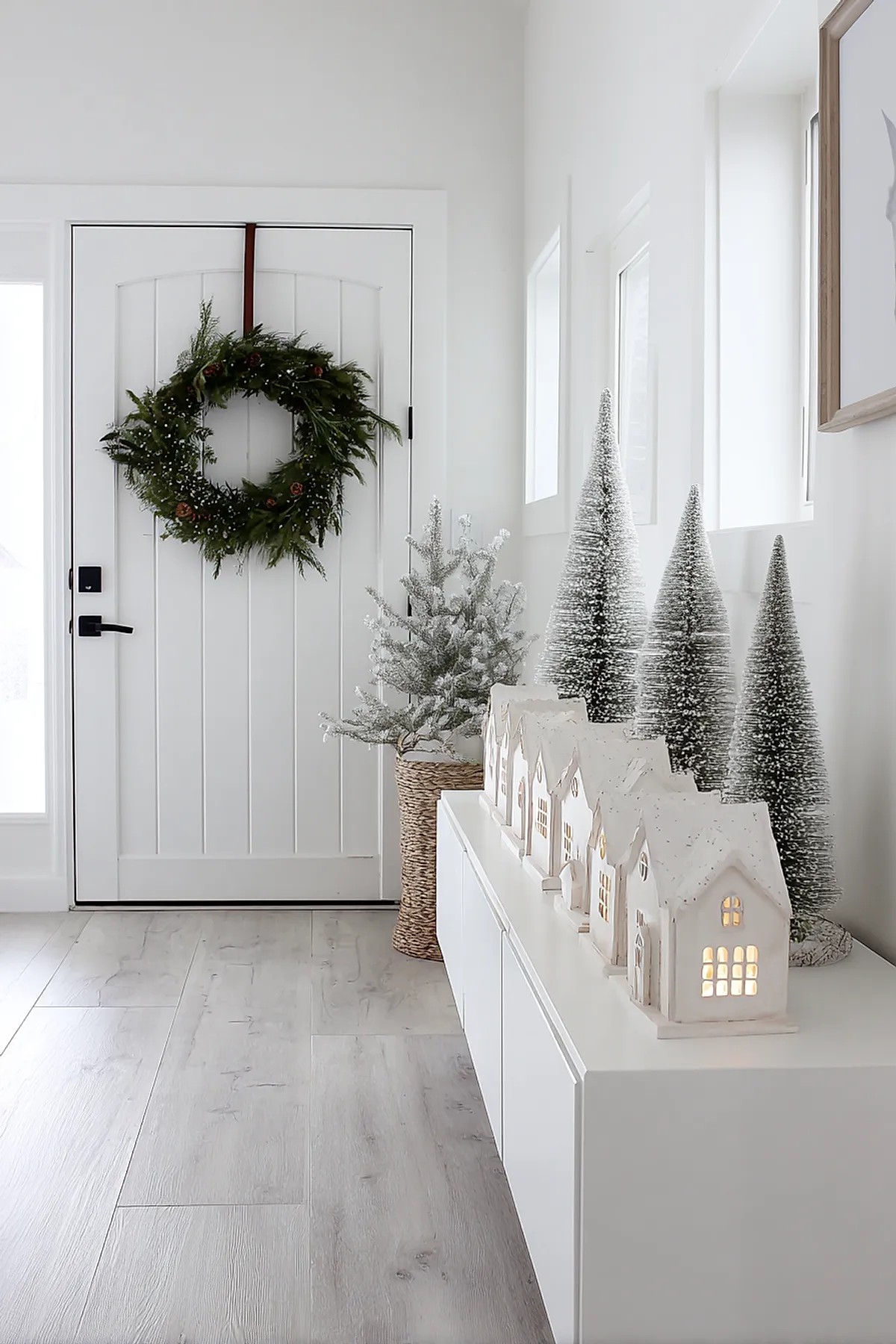minimalist christmas decor featuring white ceramic illuminated house figurines lined up on a sleek white cabinet, surrounded by tall frosted bottle brush trees in varying sizes, a woven basket holding a small snowy tree, and a simple green wreath hanging on a white paneled door in a bright entryway with light wood floors and white walls