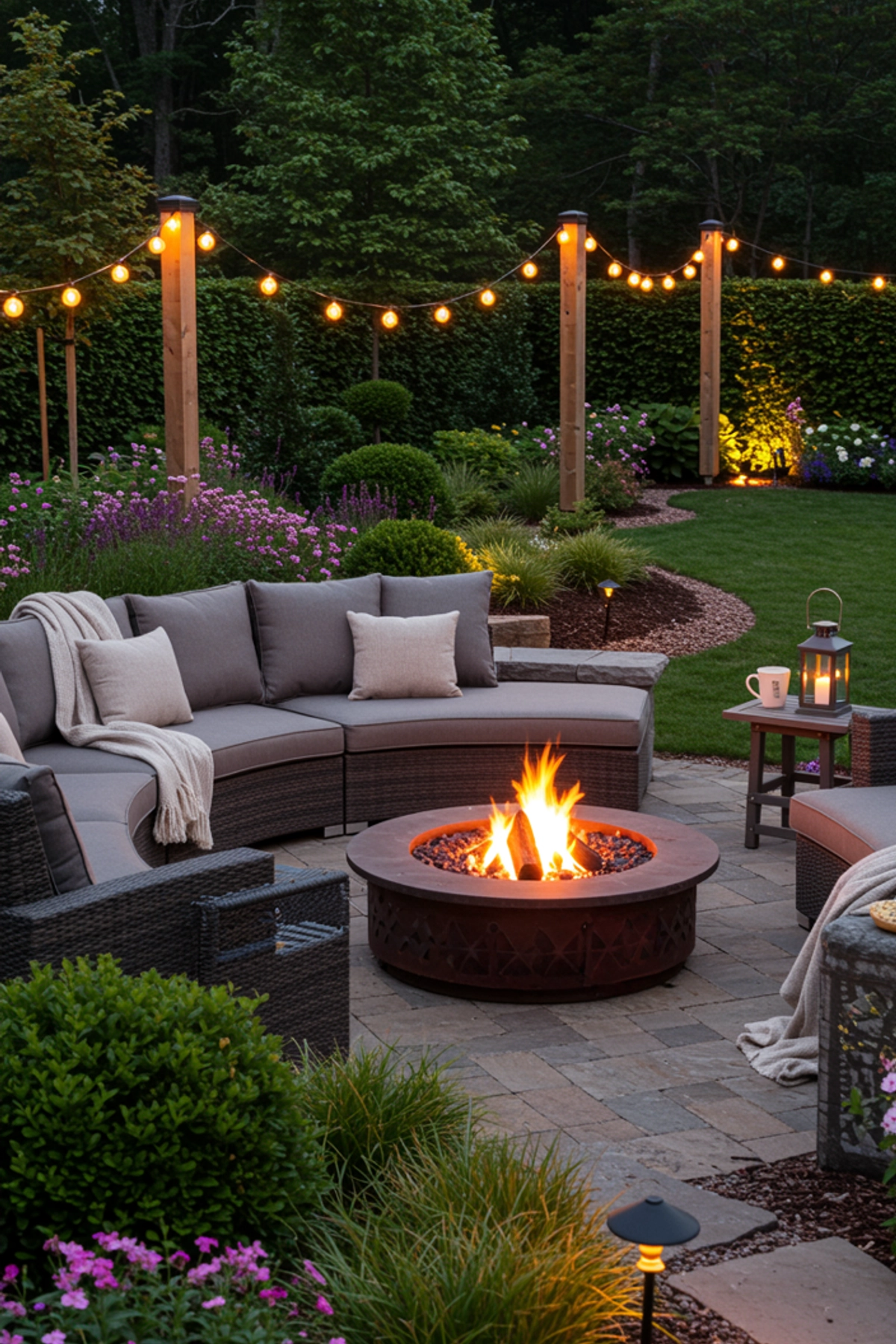 A modern fire pit area with a sectional sofa, string lights, and vibrant garden surrounding it