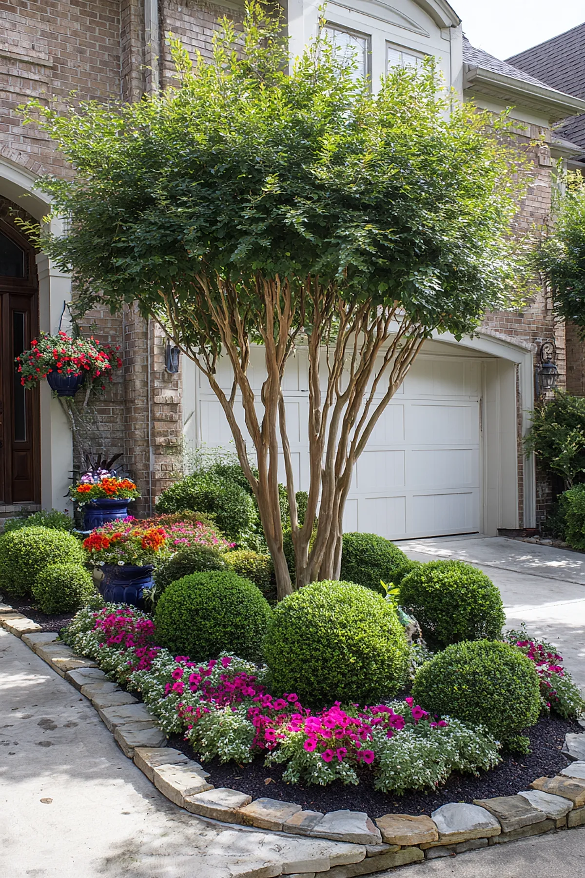 Small front yard landscaping featuring neatly trimmed round boxwood shrubs surrounded by vibrant pink and white flower beds, stone edging borders the garden bed in front of a brick house with a white garage door.