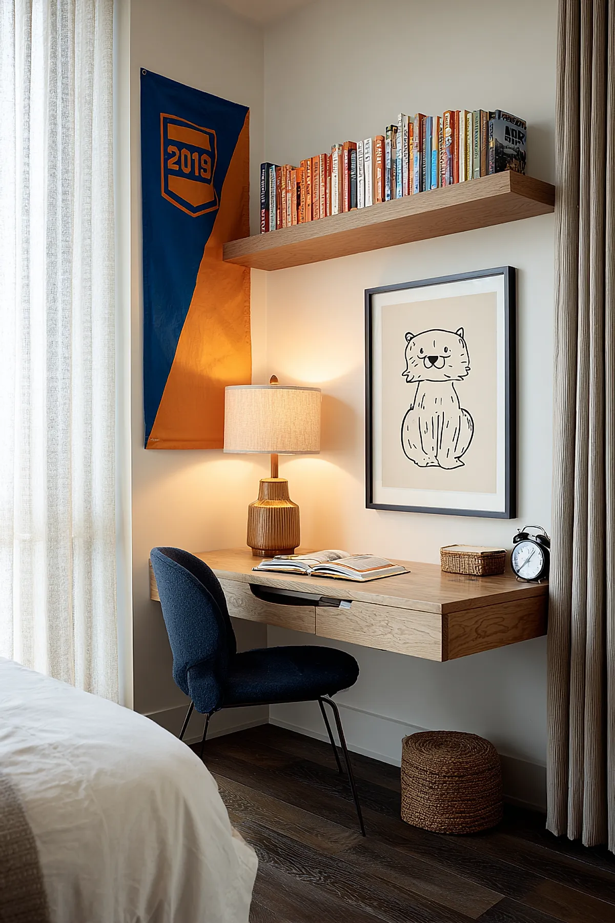Minimalist kids desk area in bedroom featuring a wall-mounted light wood study desk with drawer, navy blue upholstered chair with black metal legs, ceramic lamp with beige shade, a floating wooden shelf filled with books arranged by color above the desk, framed black and white cat drawing on wall, orange and blue banner hanging beside the shelf, and light-colored curtains.