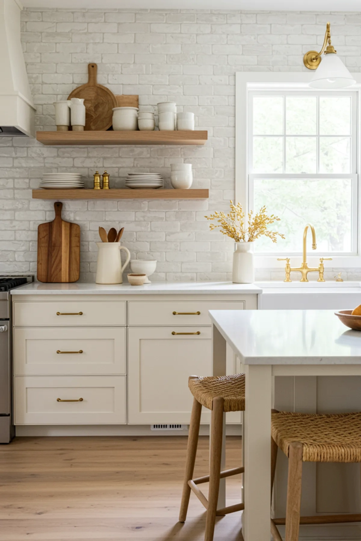 Modern farmhouse kitchen with cream cabinets, wood shelves, and golden fixtures, glazed brick subway tiles on wall