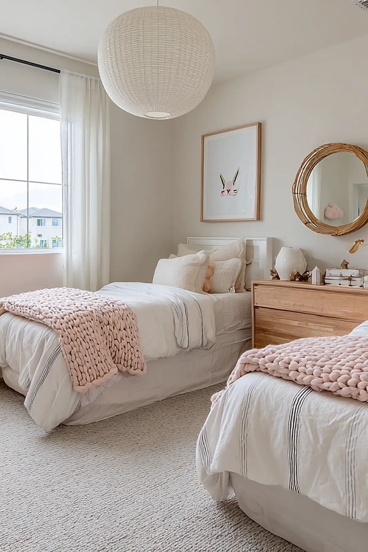 Girls shared bedroom with two white beds dressed in white bedding with black stripes, soft pink chunky knit throws at the foot, cream pillows, a wooden dresser topped with decorative items including a white vase and small houses, a round rattan mirror on the wall, beige carpet flooring, and sheer white curtains covering a large window.