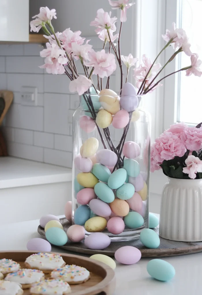 Airy kitchen with Easter eggs in a glass jar, pink flowers, and cookies on a wooden tray.