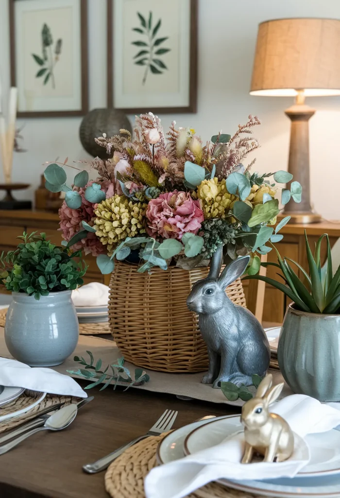 Elegant dining table setting with flowers, rabbit figurines, and botanical themed sideboard.