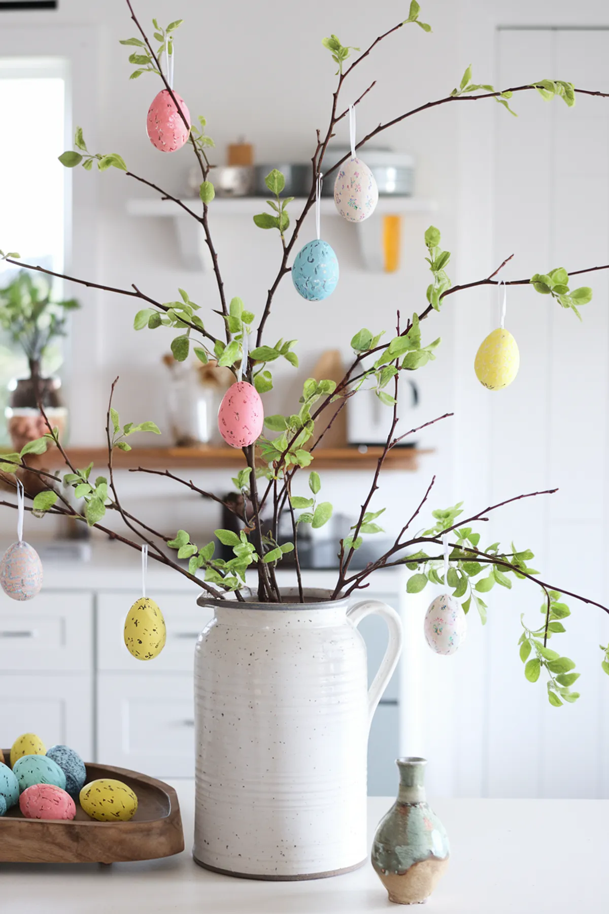 Kitchen setup with a ceramic jug holding green leaves and colorful eggs, and a wooden tray with eggs.