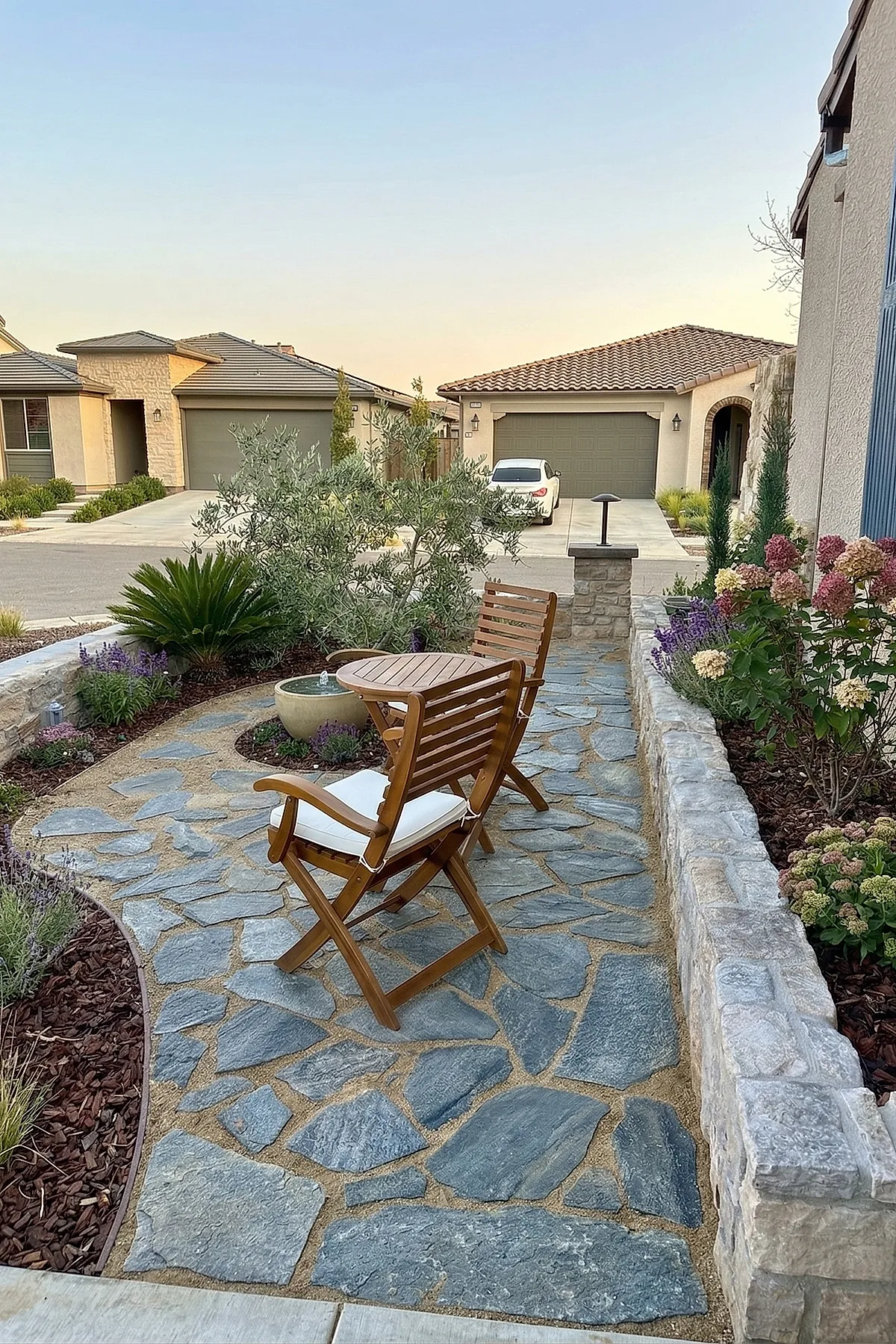 Small front yard landscaping featuring a stone patio with irregularly shaped gray stones and sand in between, two wooden chairs with white cushions, a small round wooden table, surrounded by flower beds with purple and pink blooms and green shrubs.