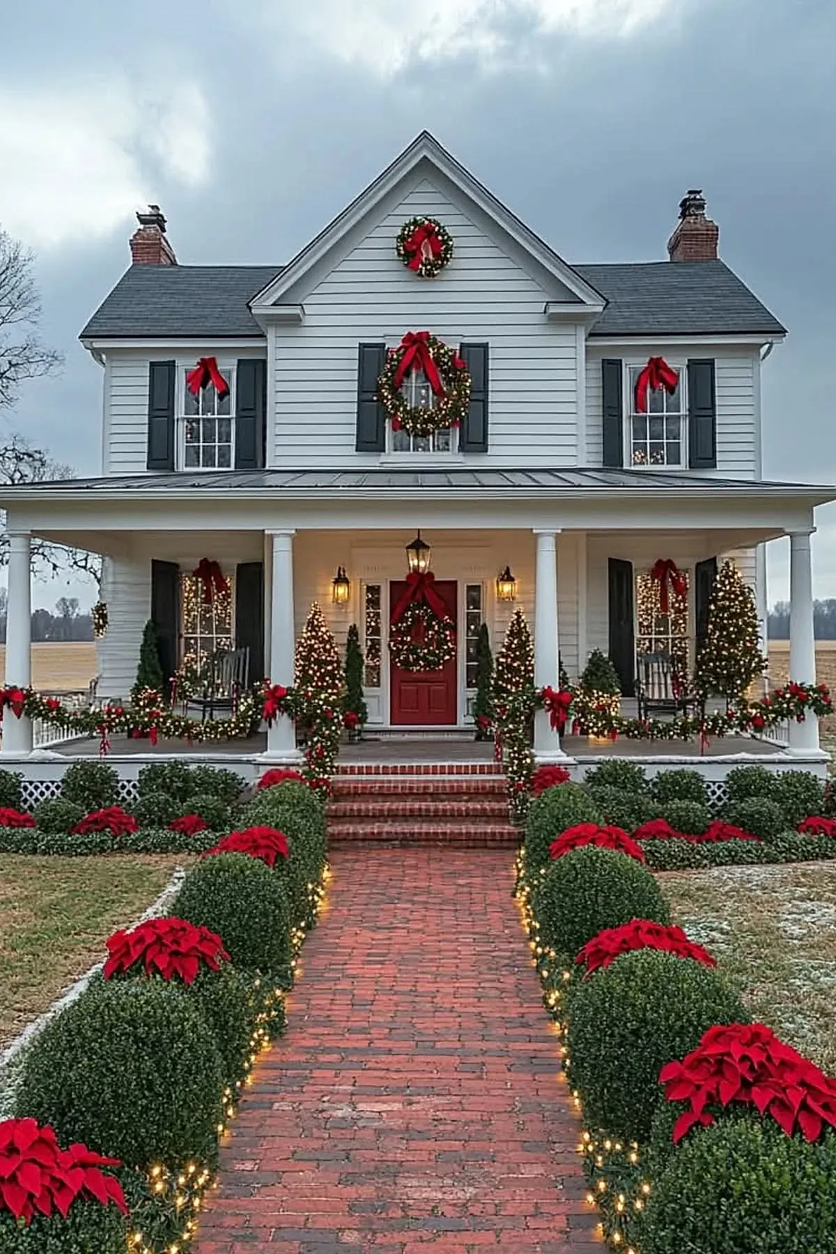 White house decorated with multiple Christmas wreaths featuring red bows on door, windows, and upper gable, complemented by green garlands with red ribbons and warm white string lights along porch columns and railings.