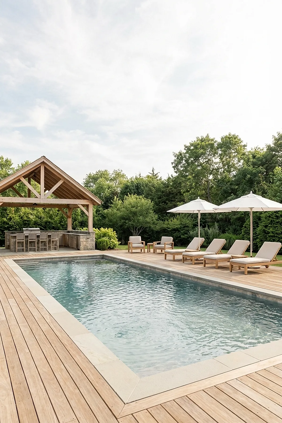 Rectangular swimming pool with a natural wood pool deck featuring five cushioned lounge chairs under white umbrellas and an open wooden pavilion housing an outdoor kitchen with bar seating, surrounded by lush green trees.