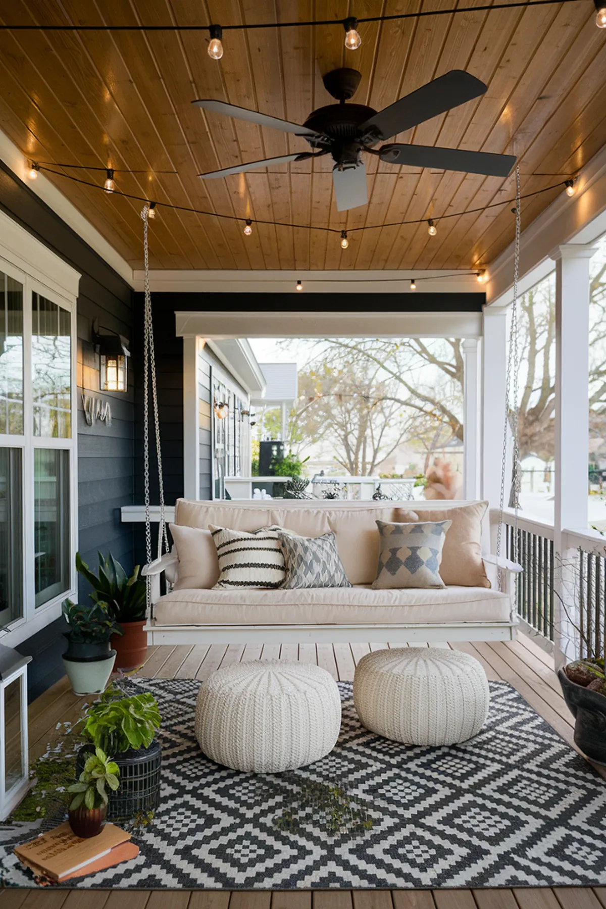A swing sofa on a front porch with decorative pillows and poufs.