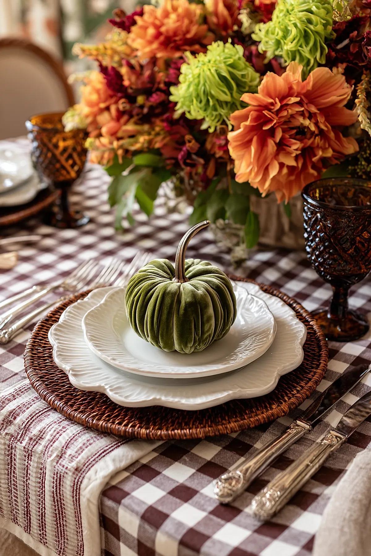 Thanksgiving table setting with green velvet pumpkin on layered scalloped white plates over woven charger, set on brown and white checkered tablecloth with amber glassware and vibrant fall floral centerpiece.