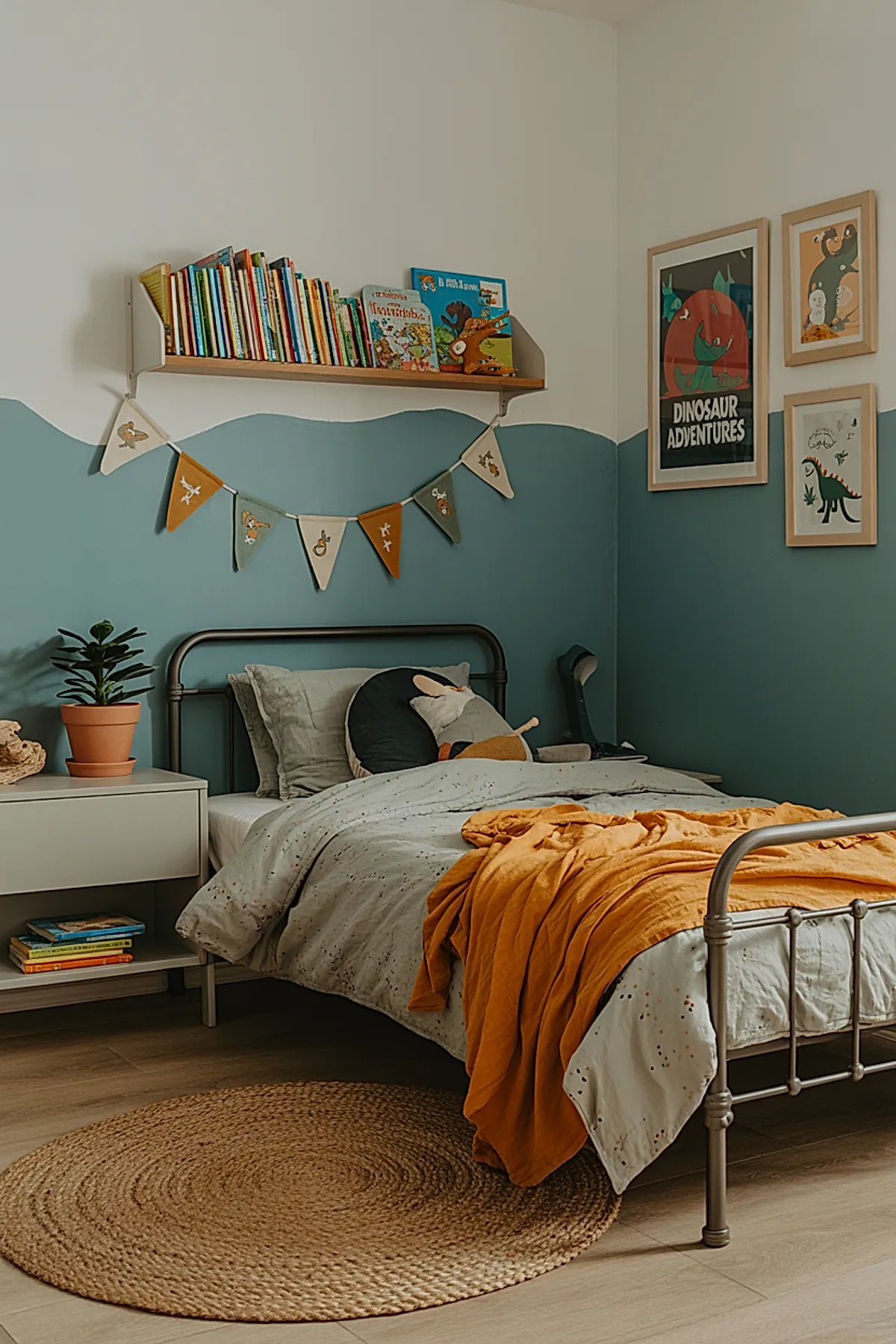 Boys bedroom with metal bed frame, two-tone wavy teal and white painted walls, dinosaur-themed framed art, triangular fabric flag banner, beige bedding with orange throw blanket, small potted plant on white nightstand.