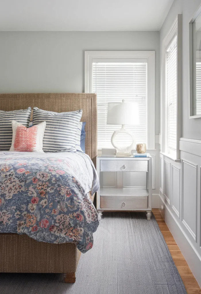 Coastal bedroom with layered bedding and natural light.