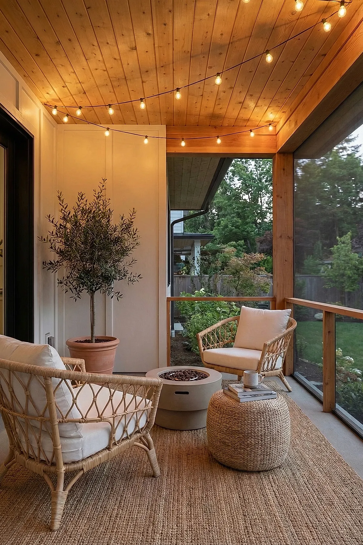 Small outdoor patio with natural wood ceiling, two rattan chairs with white cushions, a round fire pit table, woven ottoman holding books and a mug, potted tree in terracotta pot, and string lights hanging overhead creating a cozy glow.