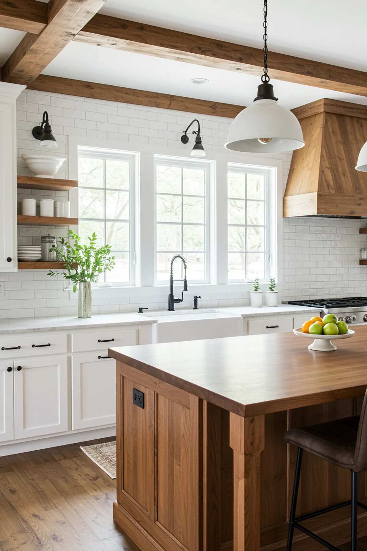 Modern farmhouse kitchen with wooden beams, white cabinets, and a bowl of fresh fruit.