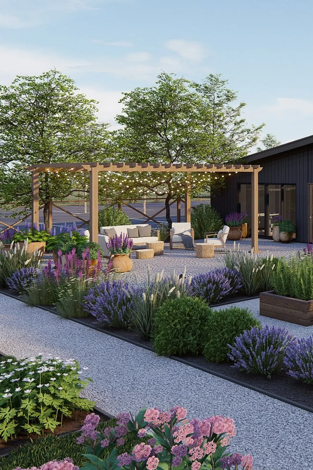 Outdoor setting with a modern house, landscaped garden, wooden pergola over seating area, and a gravel pathway.