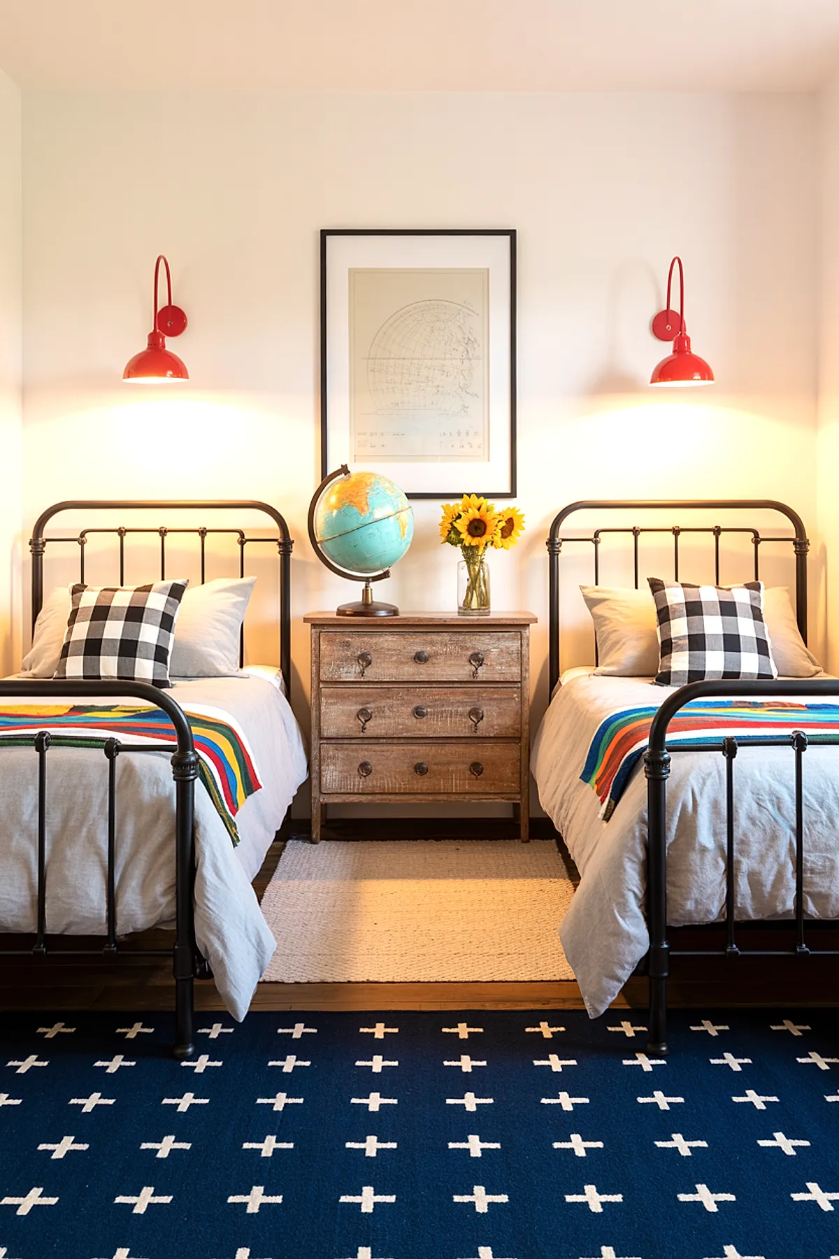 Room with two black metal twin beds dressed in beige bedding topped with black-and-white checkered pillows. Between beds is a weathered wood dresser with three drawers holding a blue globe and sunflower bouquet in glass vase. Two red wall sconces hang above each bed on white walls. Blue rug with white plus signs covers floor.