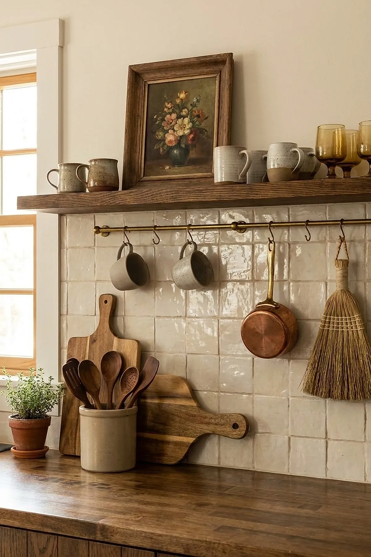 Rustic kitchen backsplash with glossy cream-colored square tiles behind wooden countertop, featuring hanging ceramic mugs, copper pot, wooden cutting boards, and pottery with wooden utensils on the counter under a wooden shelf holding mugs and amber glasses.