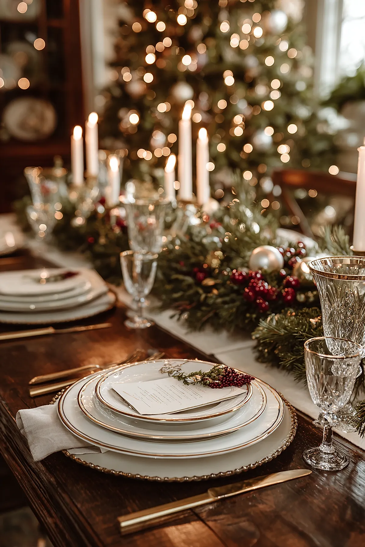 christmas dinner table settings featuring white plates with gold rims stacked on a wooden table, gold flatware, clear crystal wine glasses, white taper candles in brass candlesticks, and a lush green garland centerpiece decorated with red berries and silver ornaments, set against a softly lit background of a decorated christmas tree with warm white lights.
