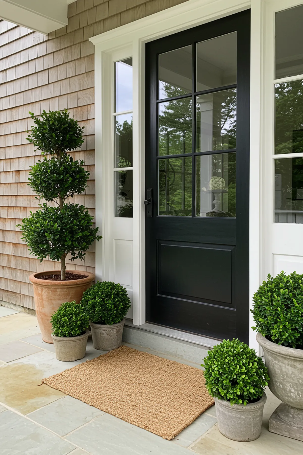 Front porch with a black door, boxwood topiary in varying heights, and a natural jute welcome mat.