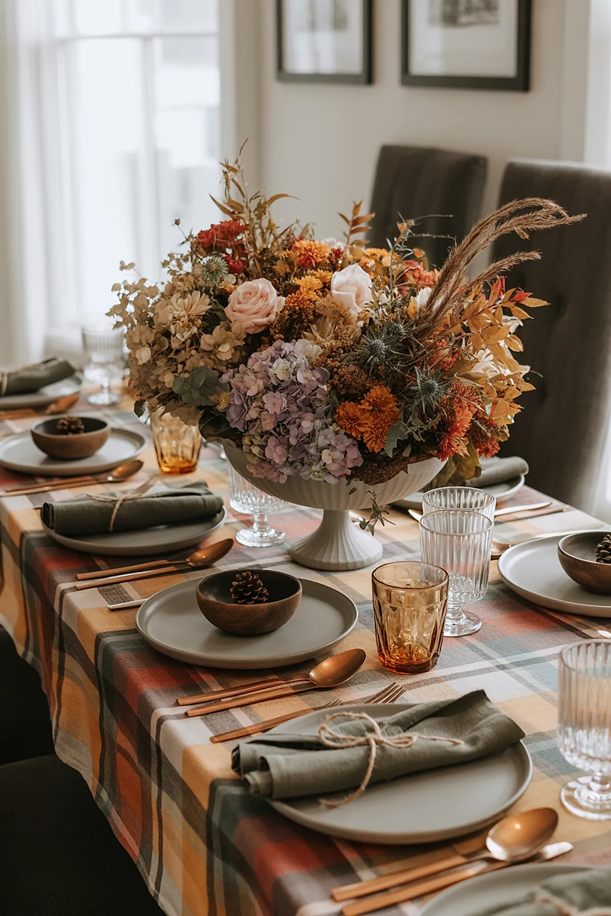 Thanksgiving table set with orange, green, beige plaid cloth, large ceramic bowl filled with dried flowers in cream, purple, orange shades; gray plates with wooden bowls holding pinecones; copper flatware; amber and clear glassware