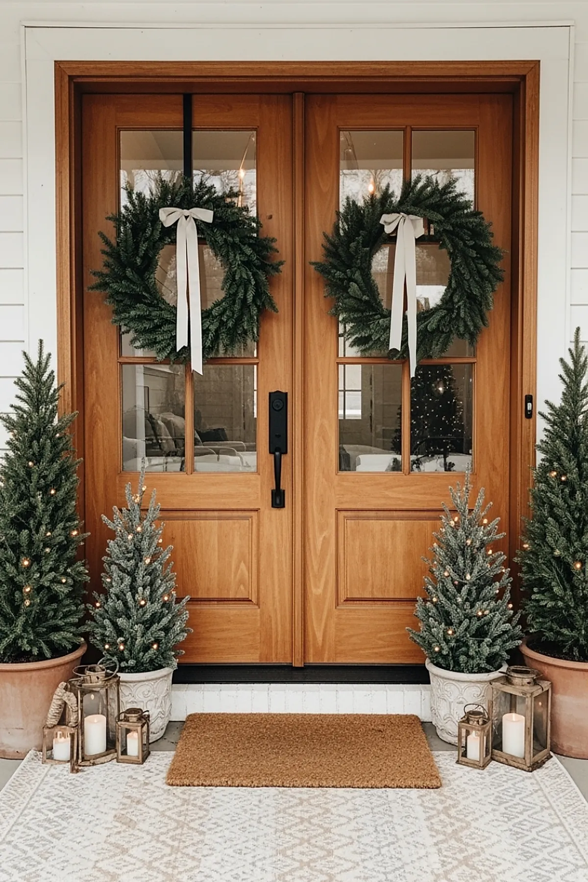 Two matching green Christmas wreaths with long white ribbon bows hanging on wooden double doors, flanked by four potted evergreen trees decorated with small warm lights and surrounded by rustic candle lanterns on a patterned outdoor rug.