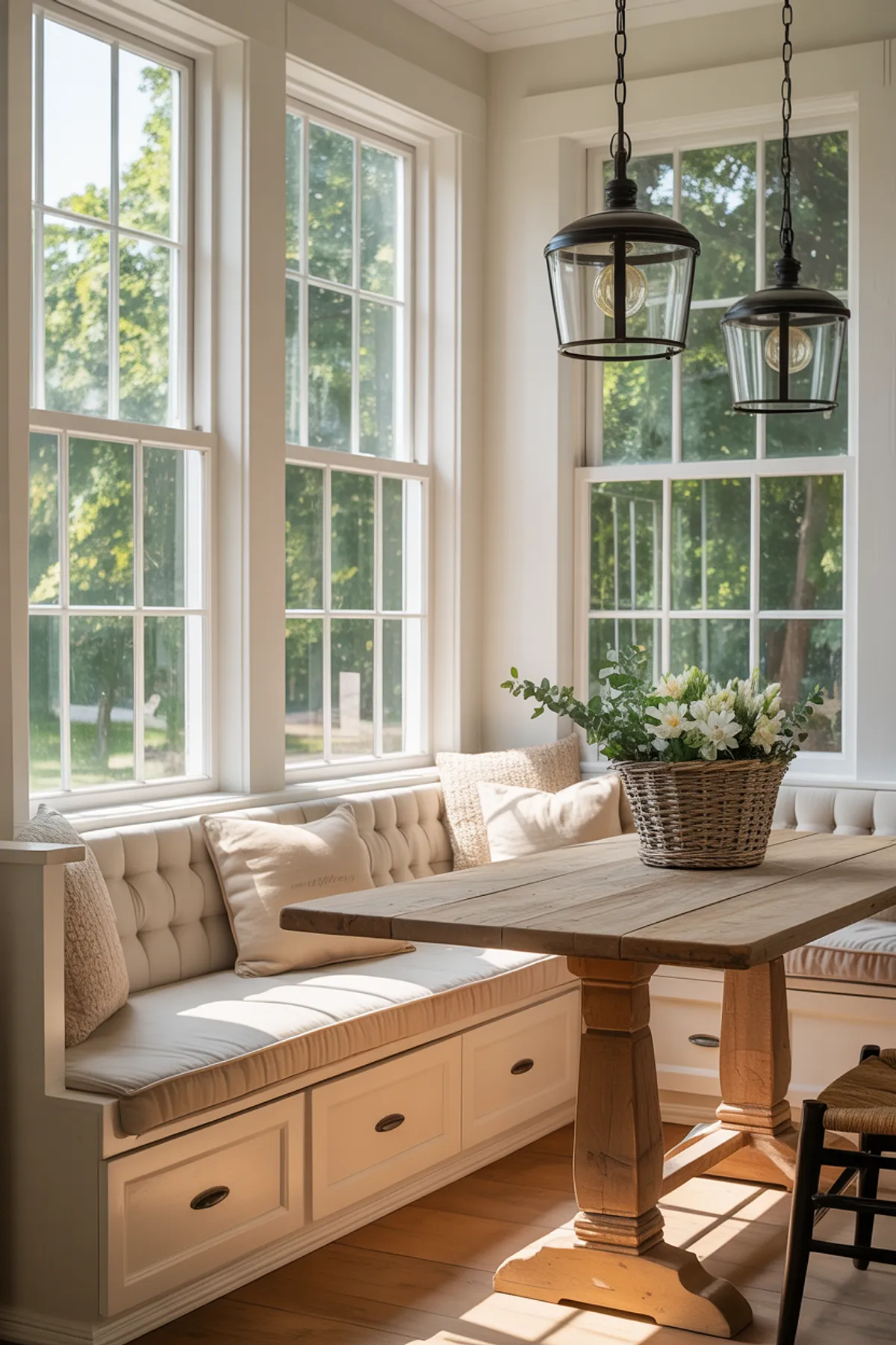 Bright breakfast nook with cozy bench seating, wooden table, floral centerpiece, and large windows.