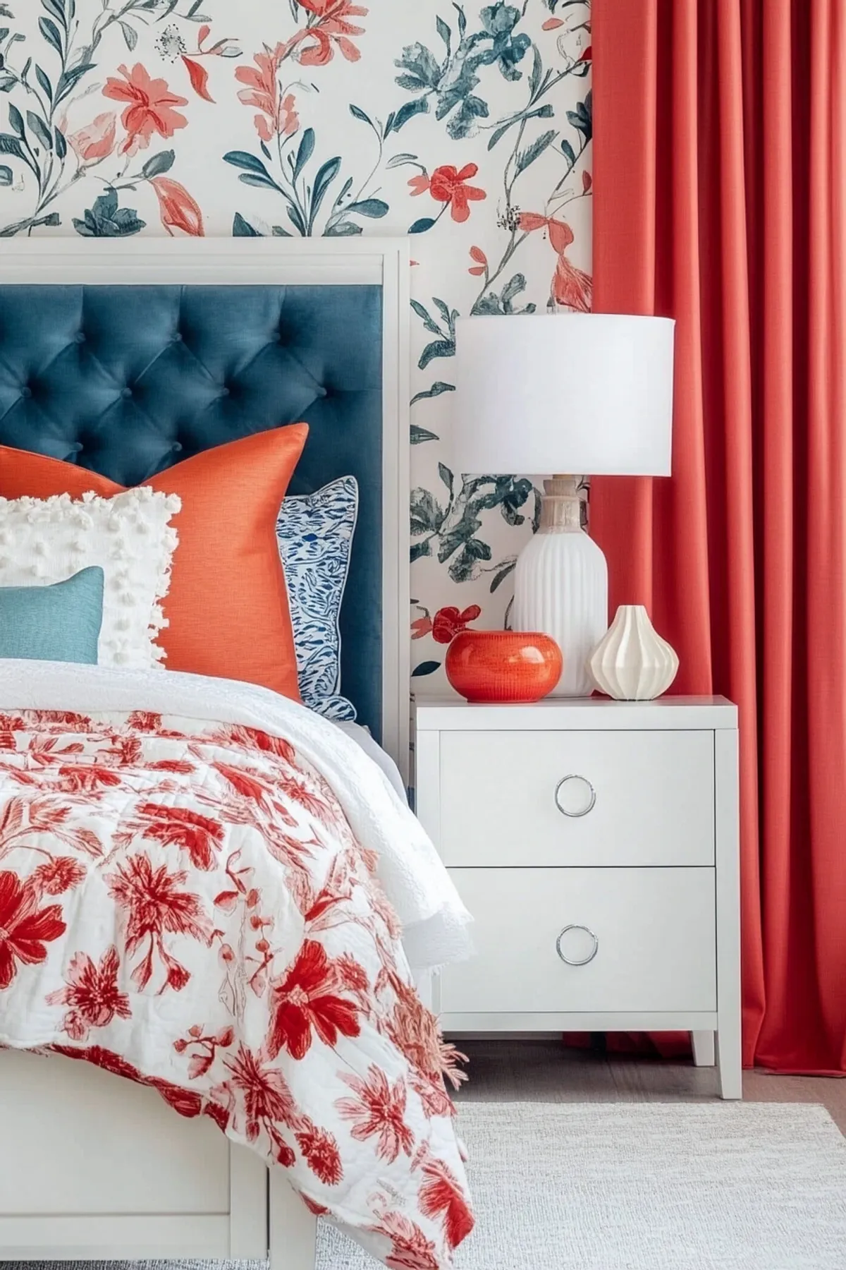 Bedroom with blue tufted headboard, floral wallpaper, and vibrant orange curtain.
