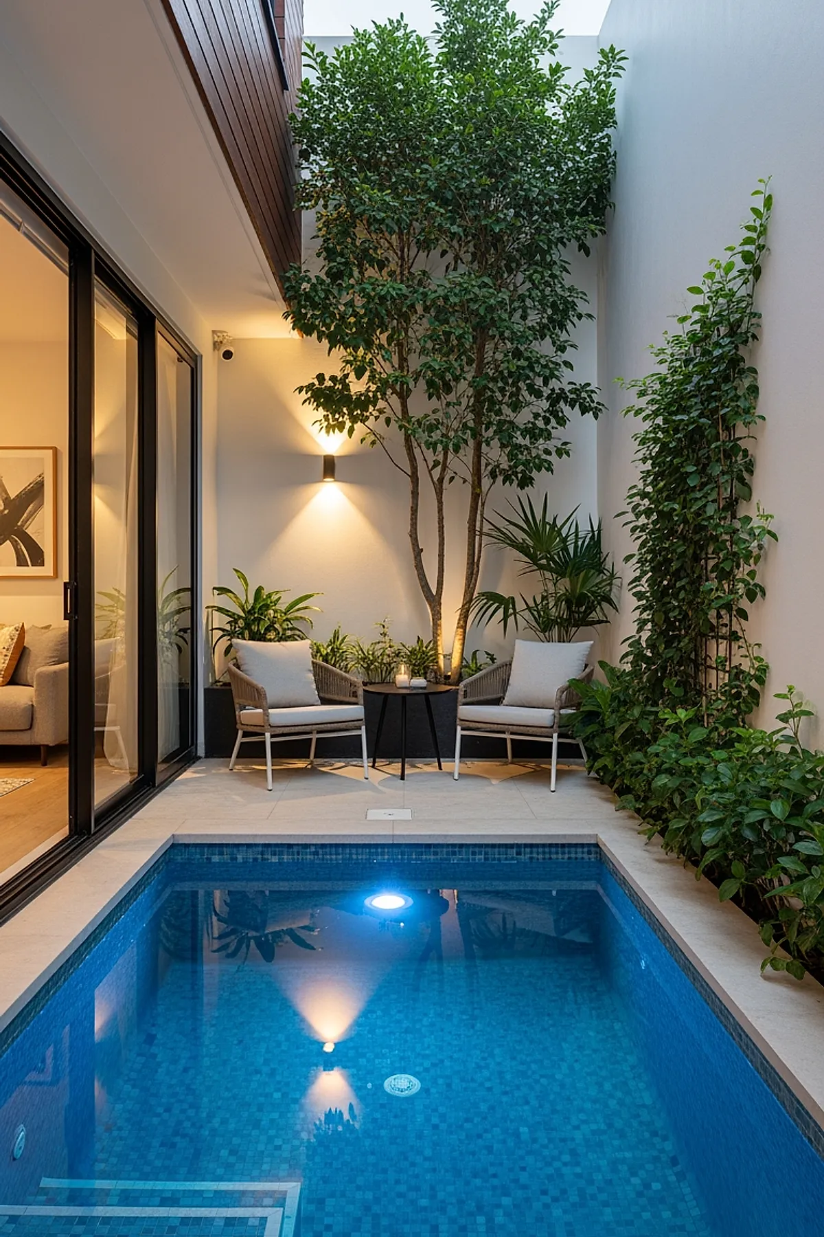 Small rectangular inground pool with blue mosaic tiles surrounded by beige stone decking, flanked by two cushioned armchairs and a small round table, lush green plants along white walls, and soft warm lighting creating a cozy atmosphere in an enclosed courtyard.