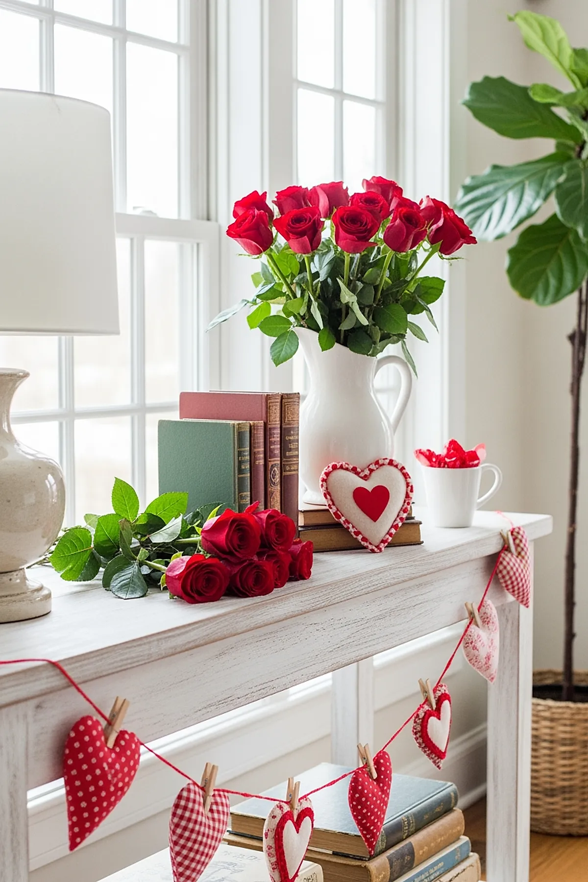 White wooden table by window with a white ceramic pitcher filled with red roses, several vintage books stacked vertically and horizontally, a fabric heart ornament leaning against the books, a small white mug with red candy, and a string of red and white fabric hearts clipped to red twine hanging along the front edge of the table.