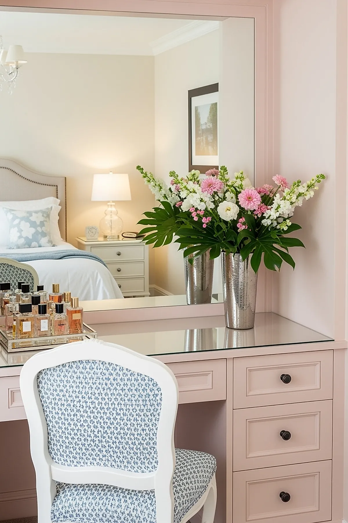 pink wooden vanity desk with large mirror, silver vase filled with pink and white flowers, white chair with blue floral upholstery, mirrored tray holding perfume bottles, beige bedroom background with lamp and bed