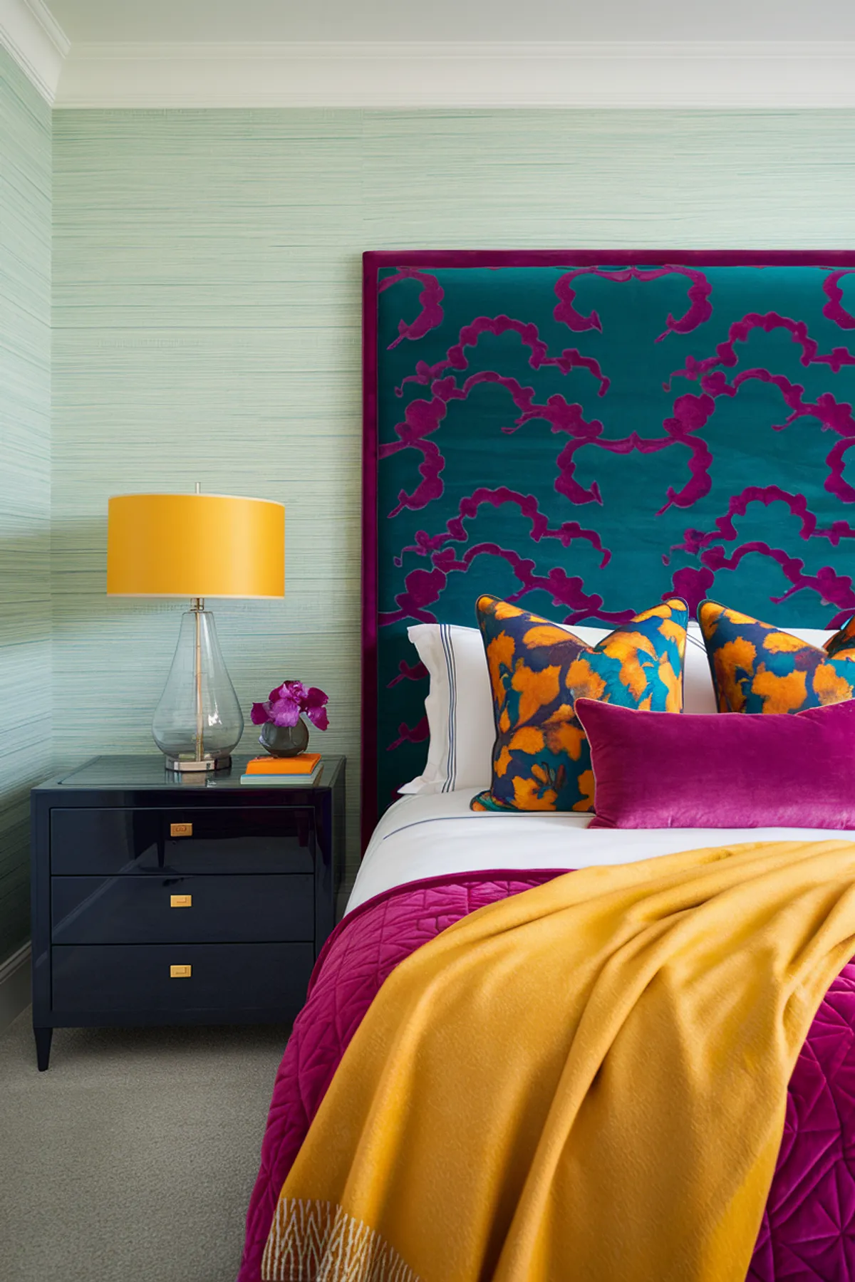 Vibrant bedroom with deep pink quilted cover, teal headboard with abstract pattern, black nightstand, and yellow lamp.