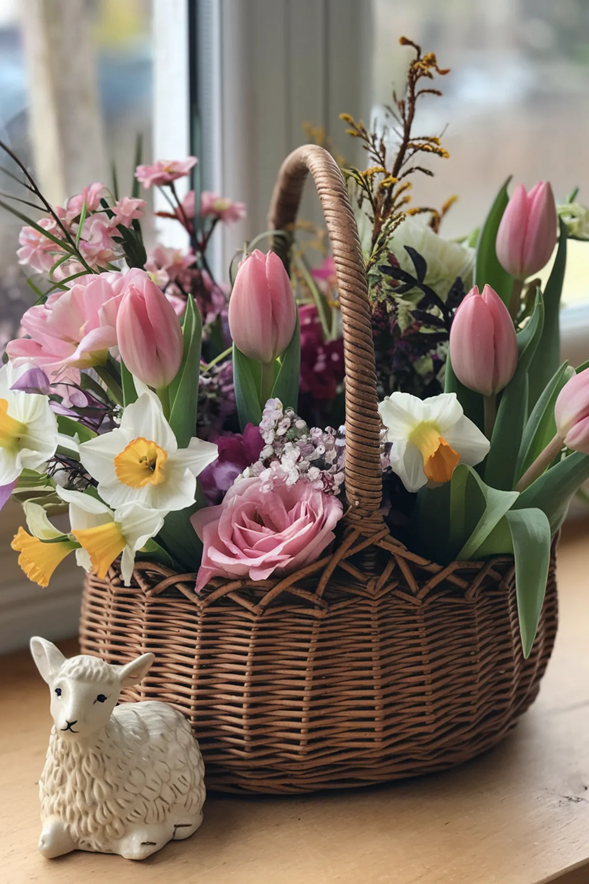 Wicker basket with pink tulips and white daffodils on a wooden surface near a lamb figurine.