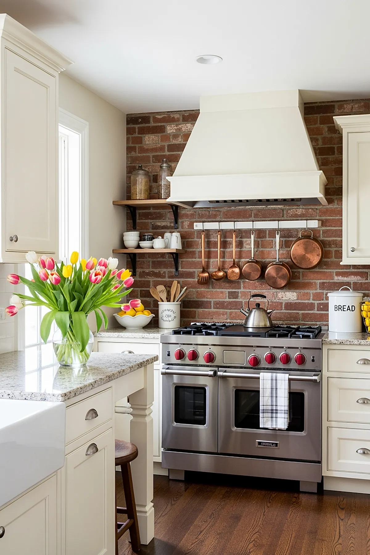 Kitchen with a red brick backsplash behind a stainless steel stove featuring red knobs, white cabinetry, wooden floating shelves holding bowls and jars, copper pots and pans hanging on a rail, a vase of colorful tulips on the granite countertop, and dark wood flooring.