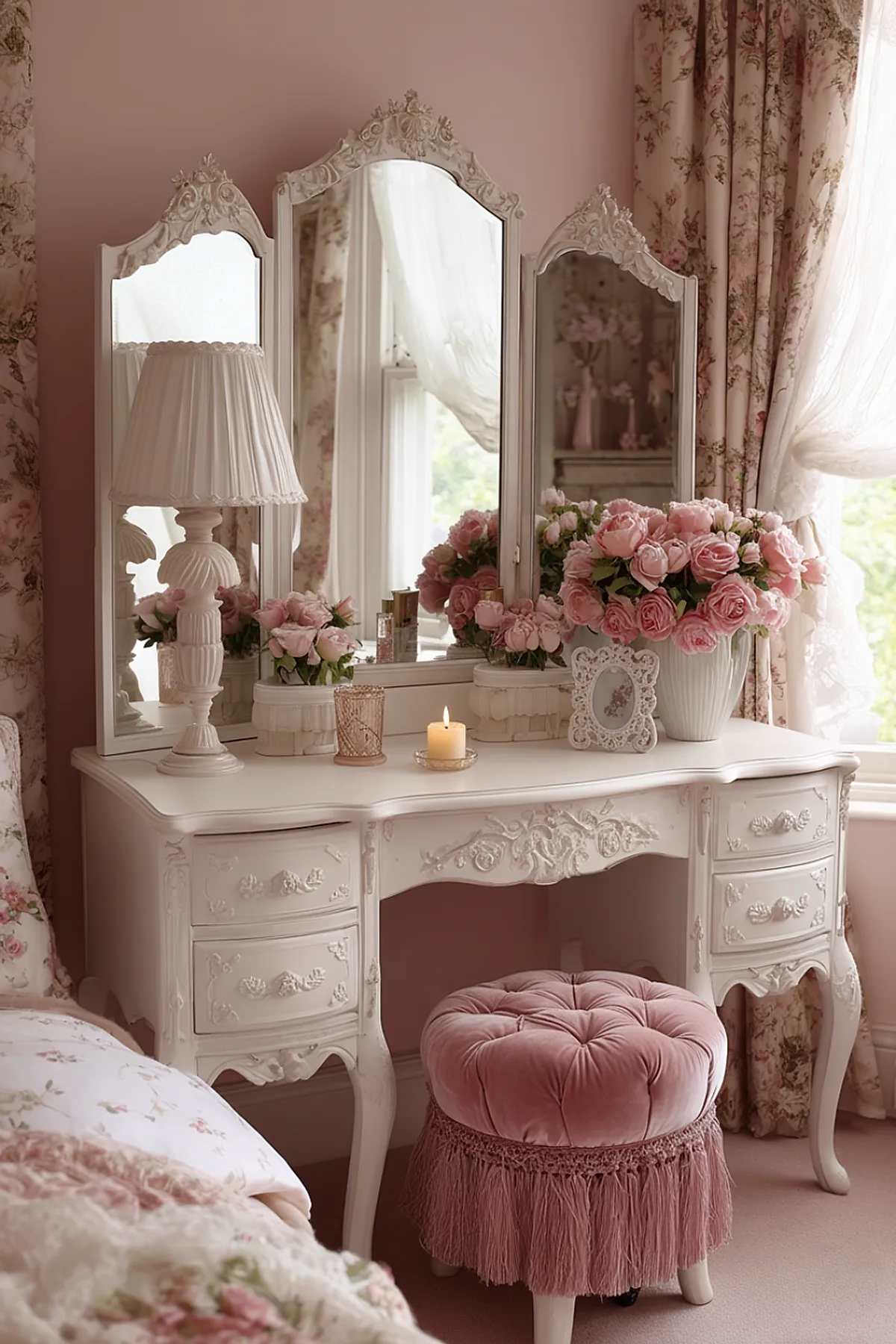 white vintage vanity desk with carved details, three ornate mirrors, white pleated table lamp, large bouquet of pink roses in white vase, small candle on surface, tufted round pink velvet stool with fringe, floral patterned curtains and pastel walls