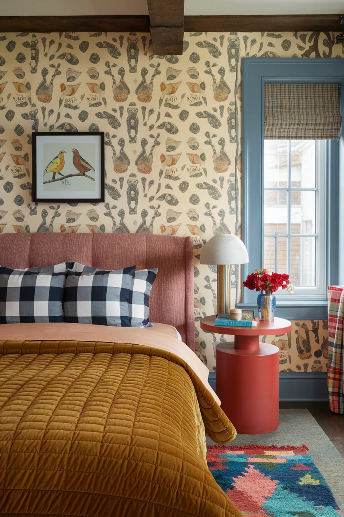 Colorful cozy bedroom with patterned wallpaper, pink headboard, and a mustard quilt.