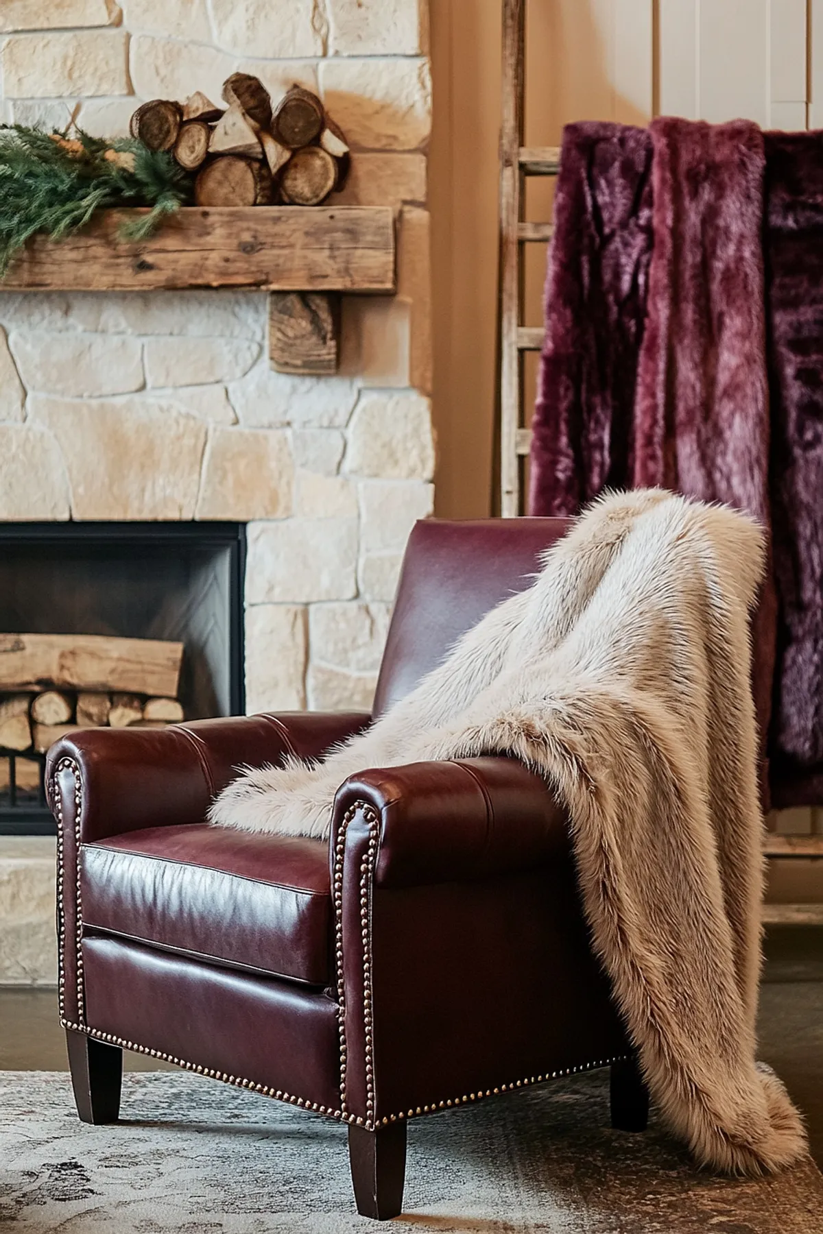 A cozy indoor setting featuring a plush burgundy leather armchair with studded details, draped with a luxurious beige fur throw. Above the chair is a rustic wooden shelf displaying logs and some greenery. Next to the chair hangs a deep purple fur blanket vertically. In the background, there is a stone fireplace adorned with a decorative garland and a stack of firewood, all illuminated by soft, muted lighting that creates a warm ambiance.