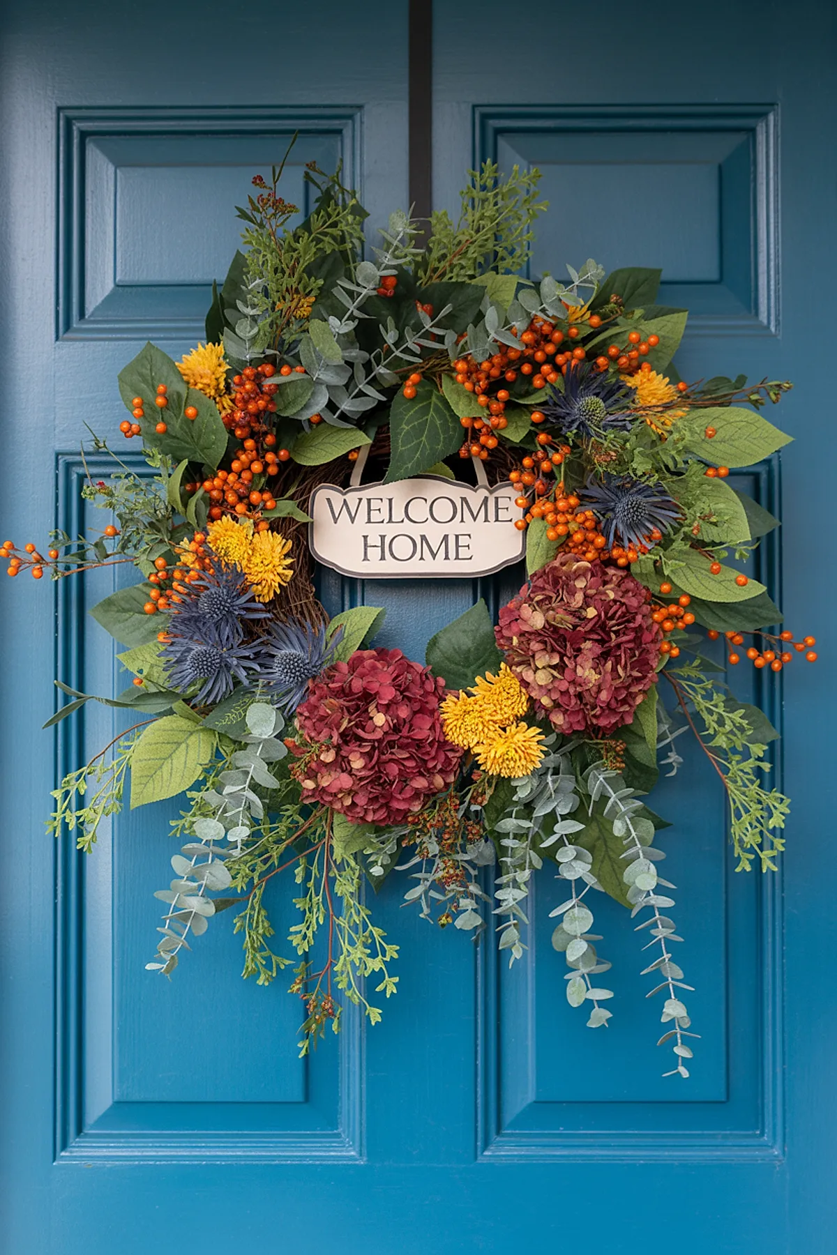 fall wreath on blue paneled door featuring orange berries, green leaves, burgundy hydrangea flowers, yellow chrysanthemums, blue thistle-like flowers, and a central white sign reading Welcome Home