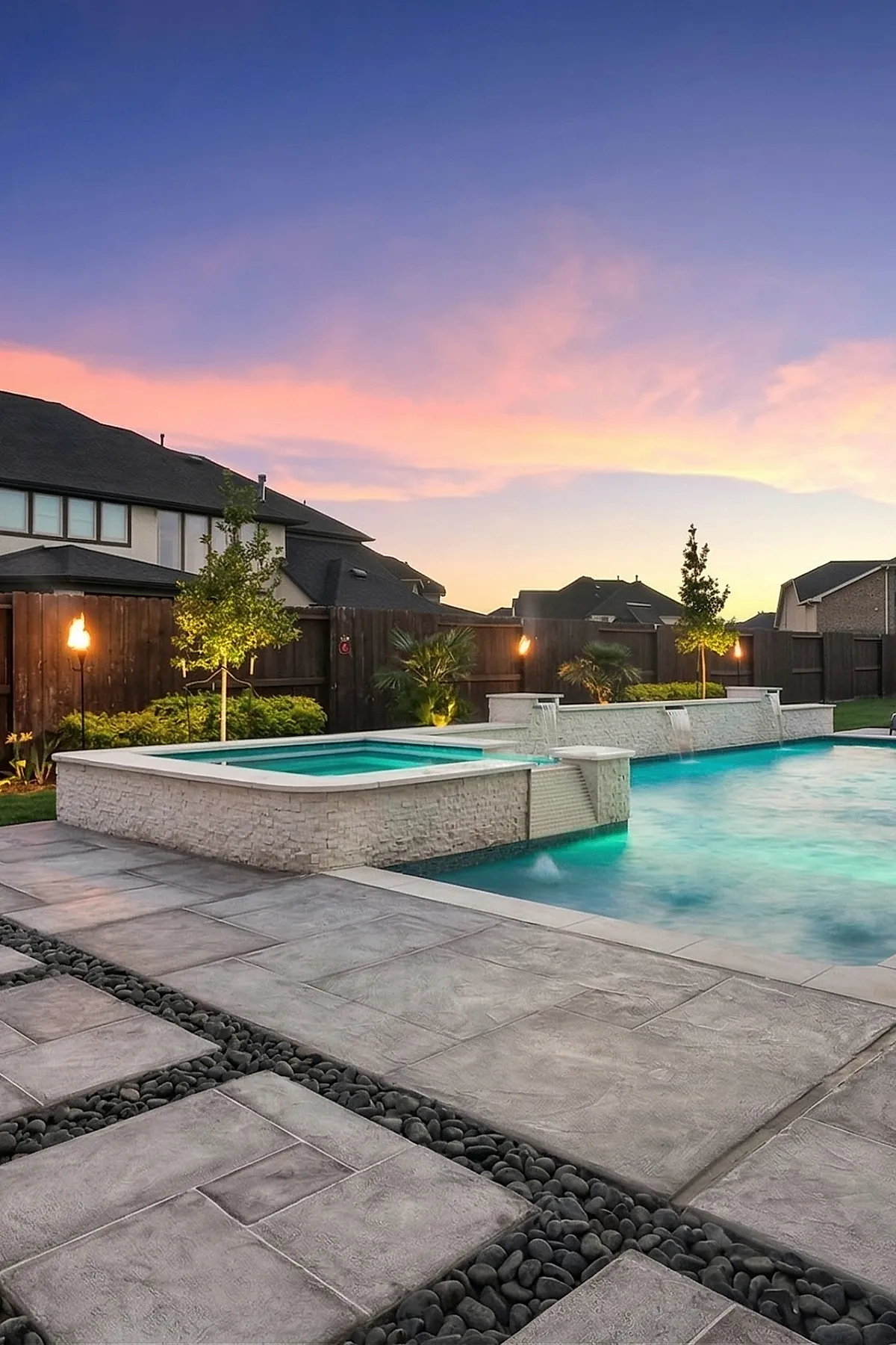 Modern pool deck with large gray stone tiles surrounding a pool featuring a raised white stone waterfall wall, lush green plants along the fence, and soft glowing torch lights at dusk.