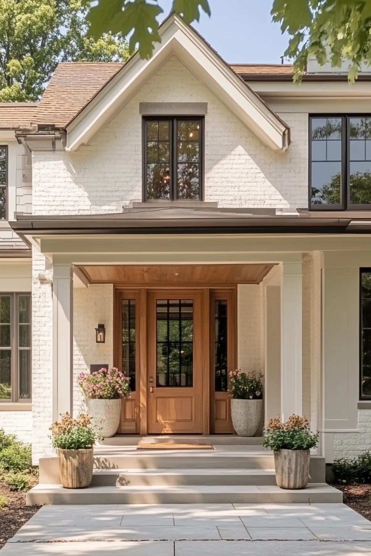 Natural wood front door with black windows, floral planters, and a light fixture on a white brick porch.