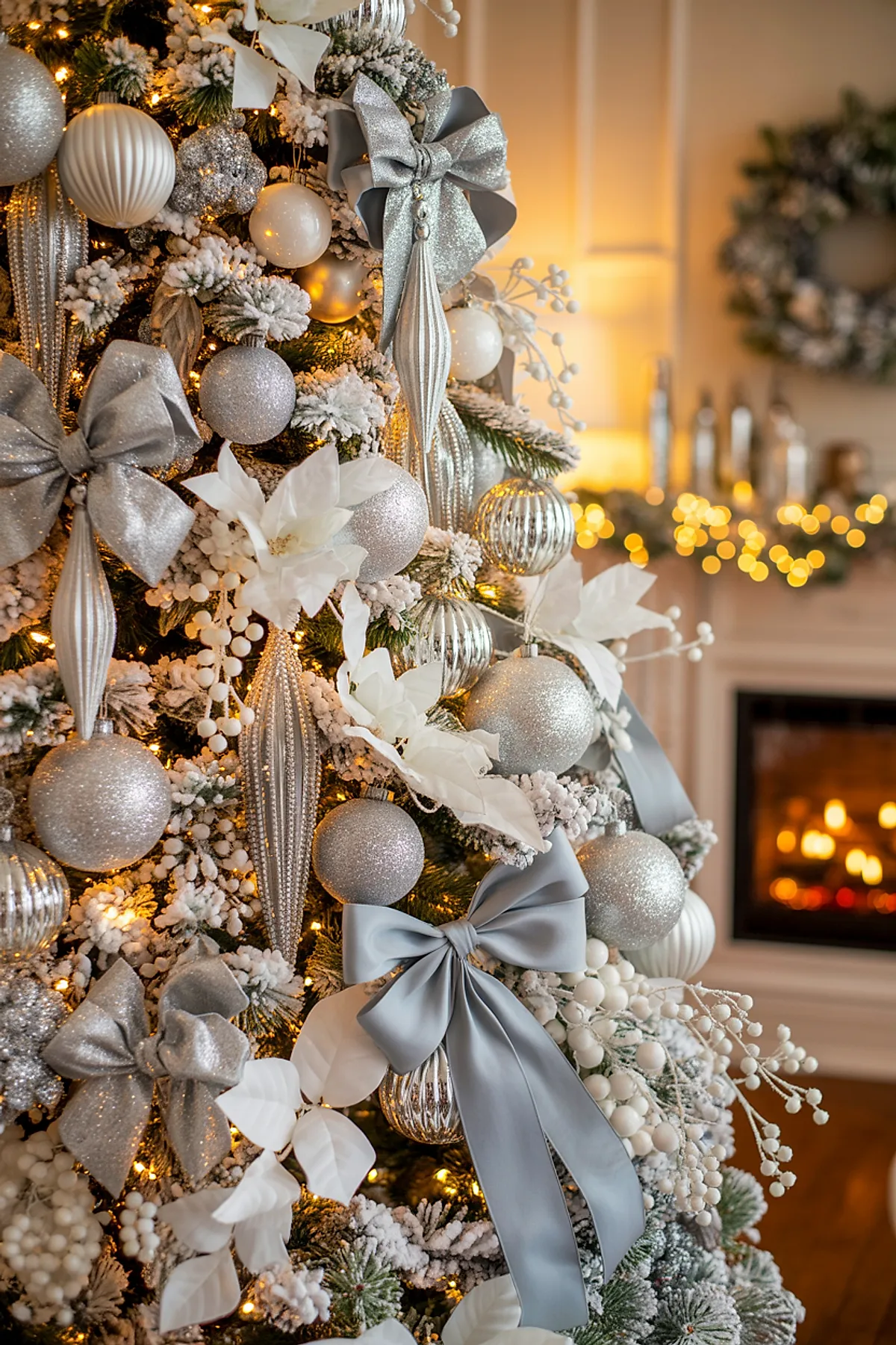 Close-up of a white flocked Christmas tree decorated with large silver satin bows, glittery silver and white baubles, white artificial flowers, frosted berries, and warm white string lights.