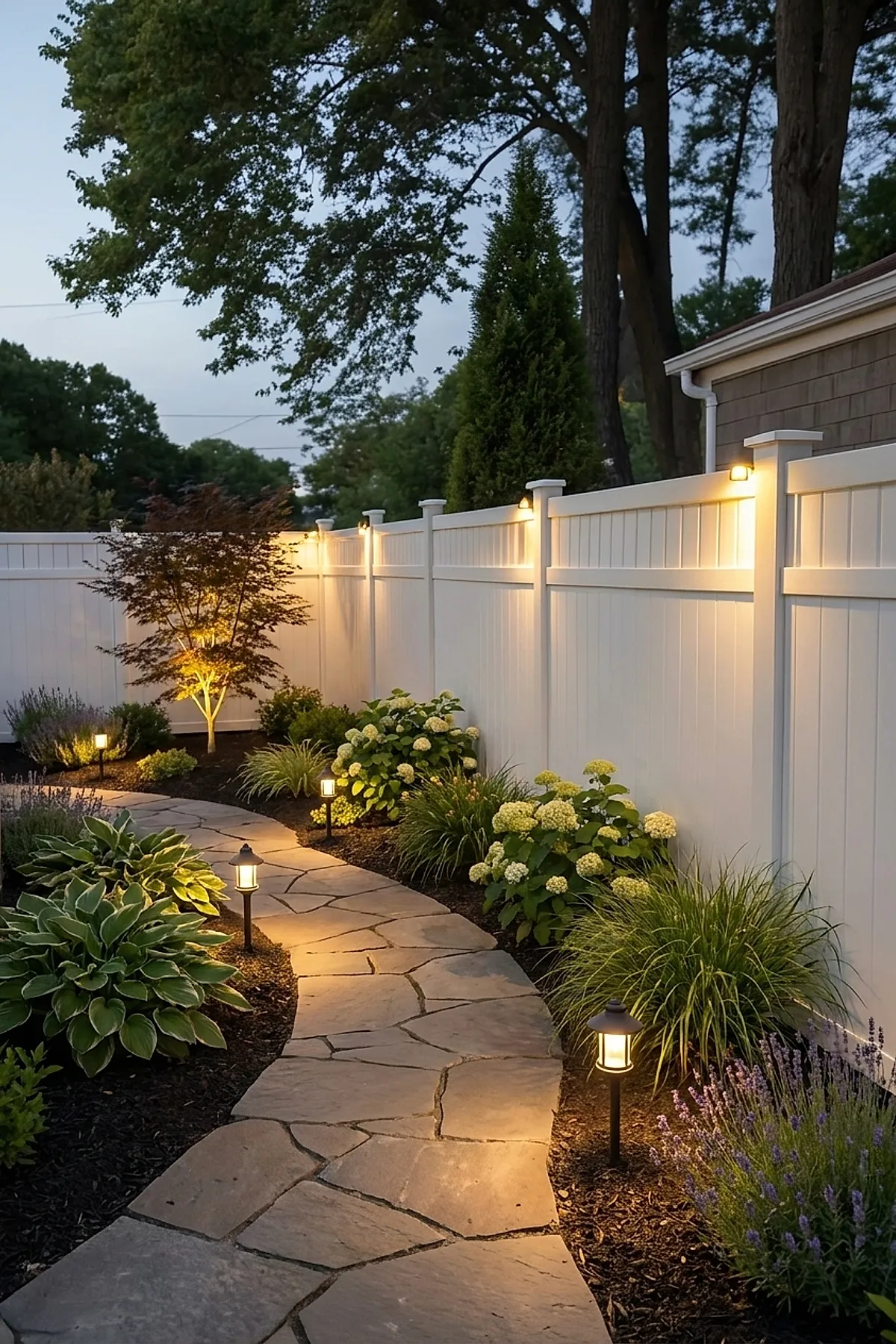 Landscape along fence line featuring a white privacy fence illuminated by wall lights with a curved stone pathway bordered by lush green plants and small lantern-style pathway lights