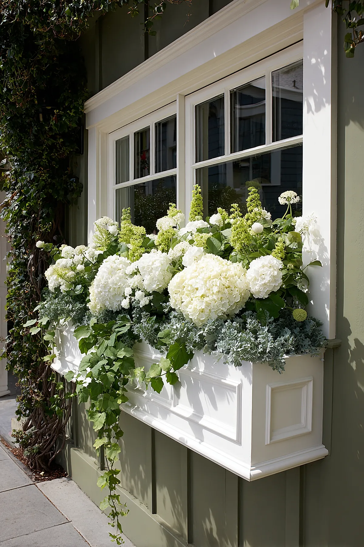 White wooden window box overflowing with large white hydrangeas, green spiky flowers, silver-gray dusty miller foliage, and trailing green leaves mounted below multi-pane windows on an olive-green exterior wall.