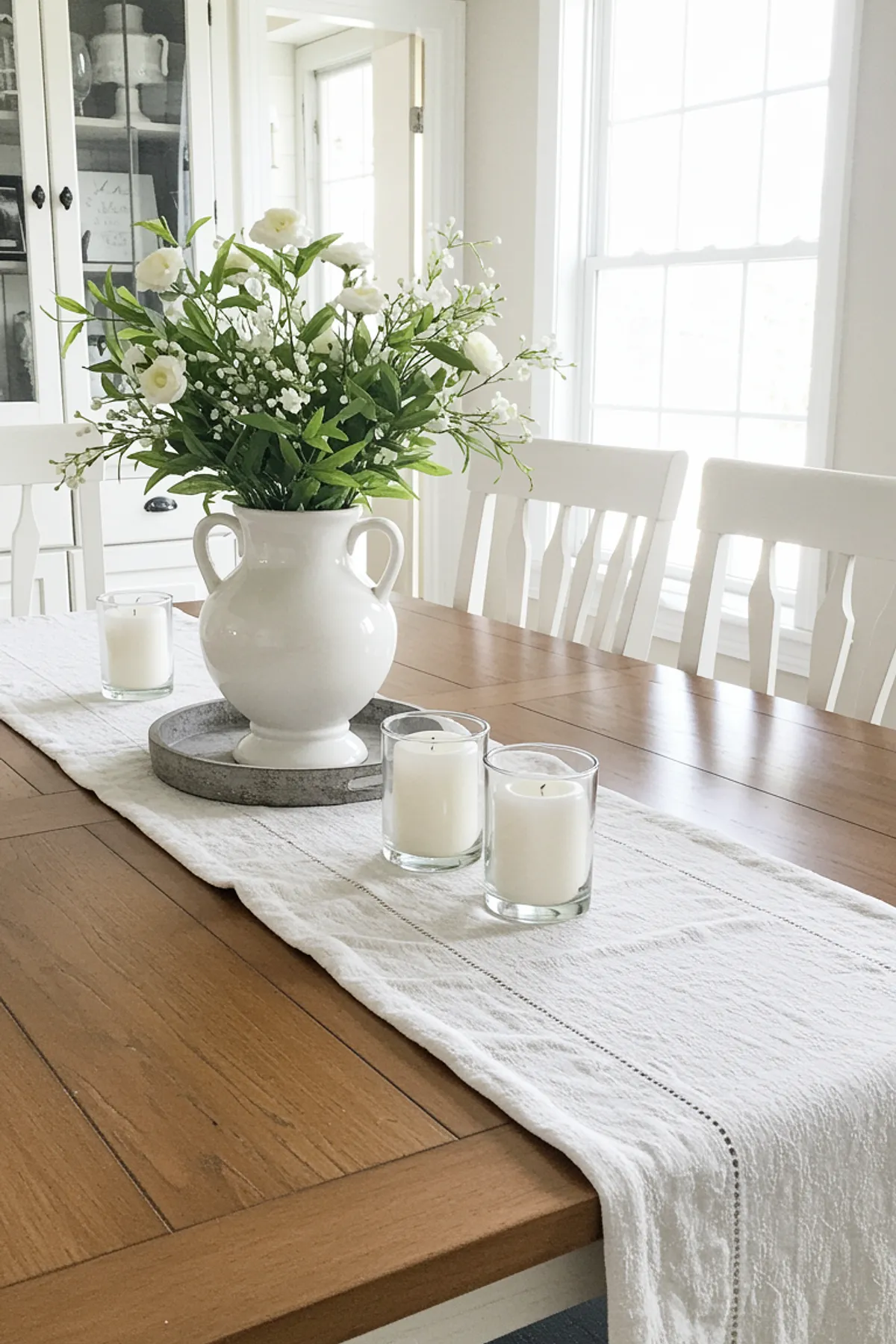 A dining table featuring a white vase with flowers, candles, and a textured runner.