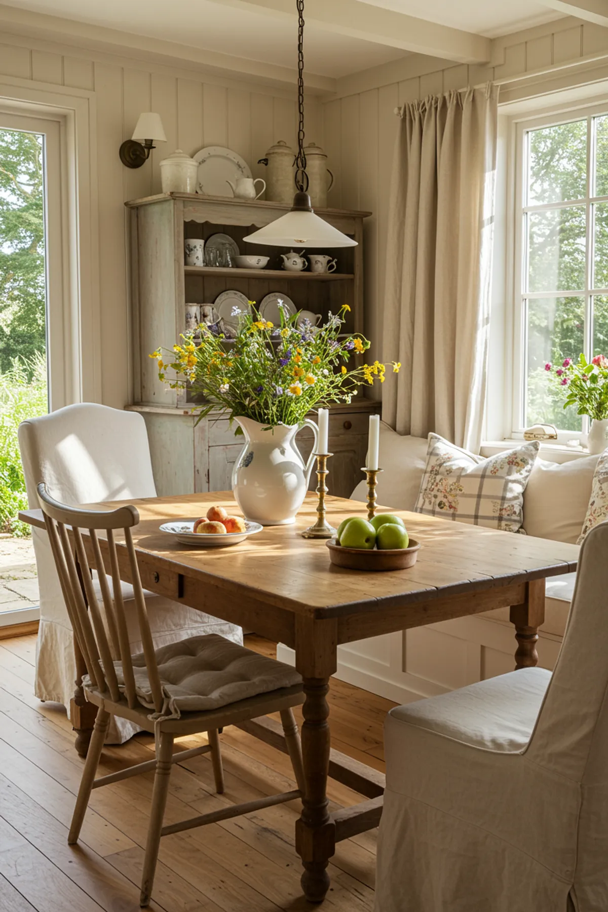 Cozy dining area with a wooden table, wildflowers, and apples.