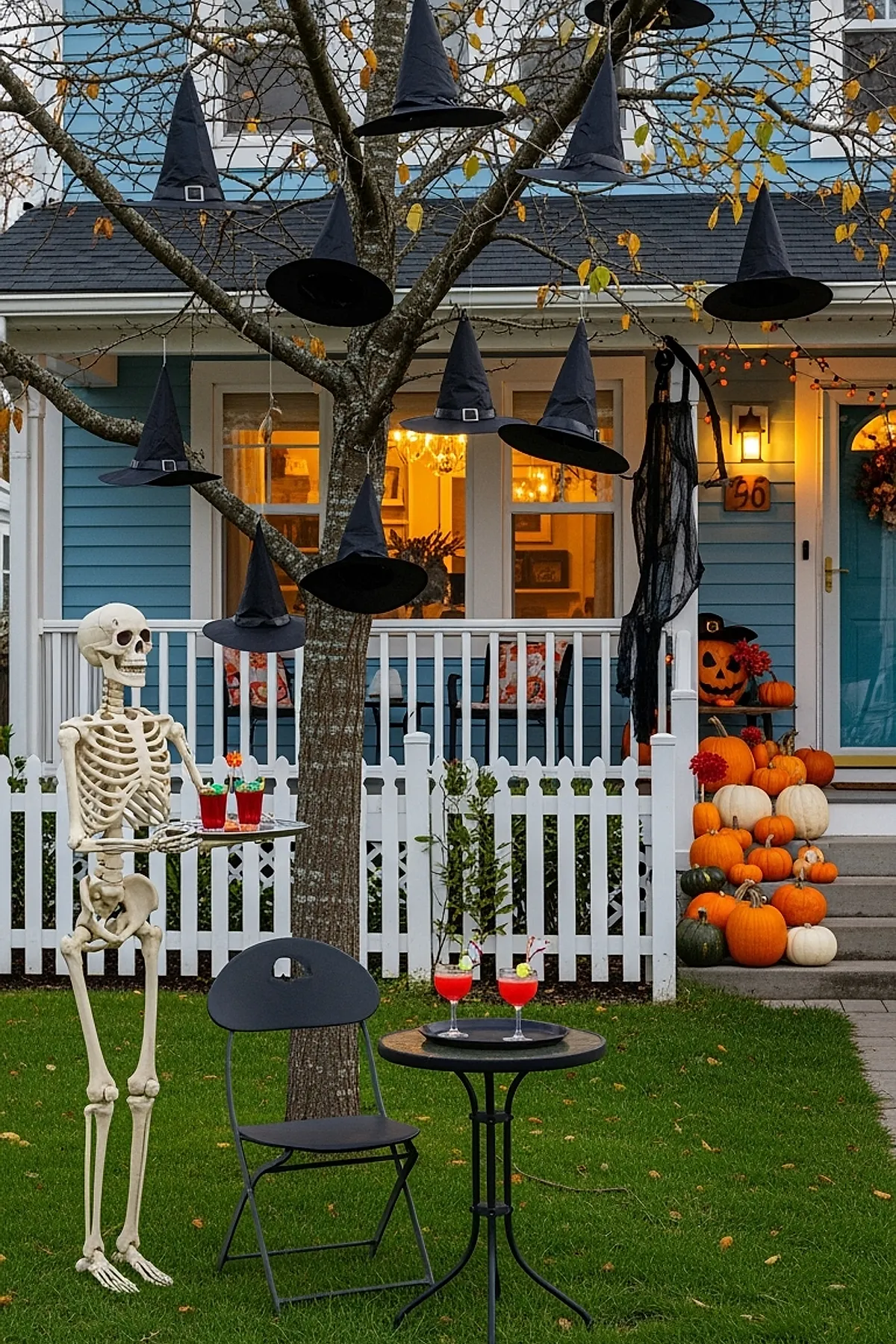 Skeleton holding tray with red drinks stands next to black metal chair and table on green lawn beneath bare tree with multiple black witch hats hanging from branches in front of blue house with white picket fence decorated with pumpkins on porch steps.