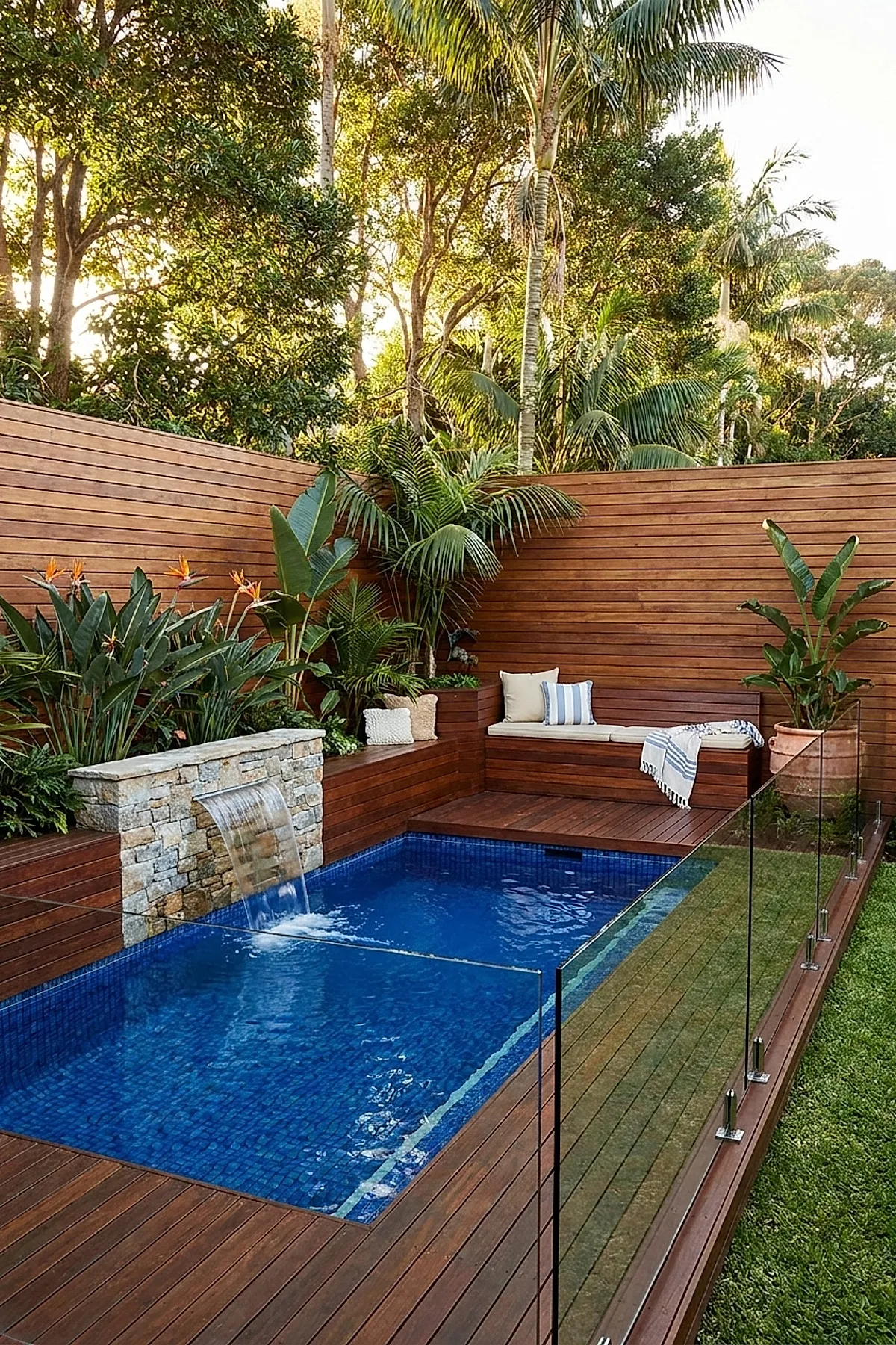 Blue-tiled rectangular plunge pool with a stone waterfall feature, surrounded by rich wooden decking and lush tropical plants, enclosed by clear glass fencing with a cushioned wooden bench seating area in the corner.